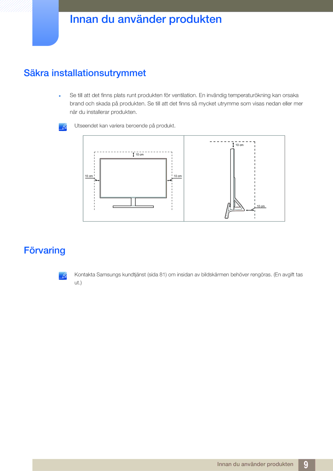 Samsung LS27D590PSX/EN, LS24D590PLX/EN manual Säkra installationsutrymmet, Förvaring 