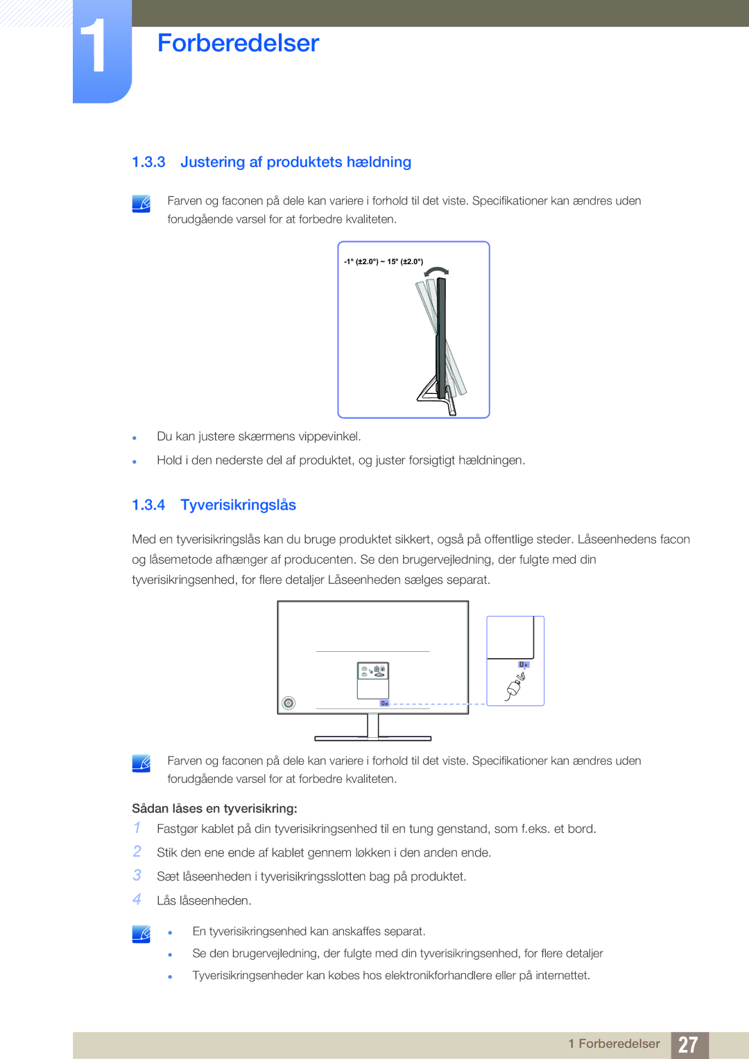 Samsung LS27D590PSX/EN, LS24D590PLX/EN manual Justering af produktets hældning, Tyverisikringslås 