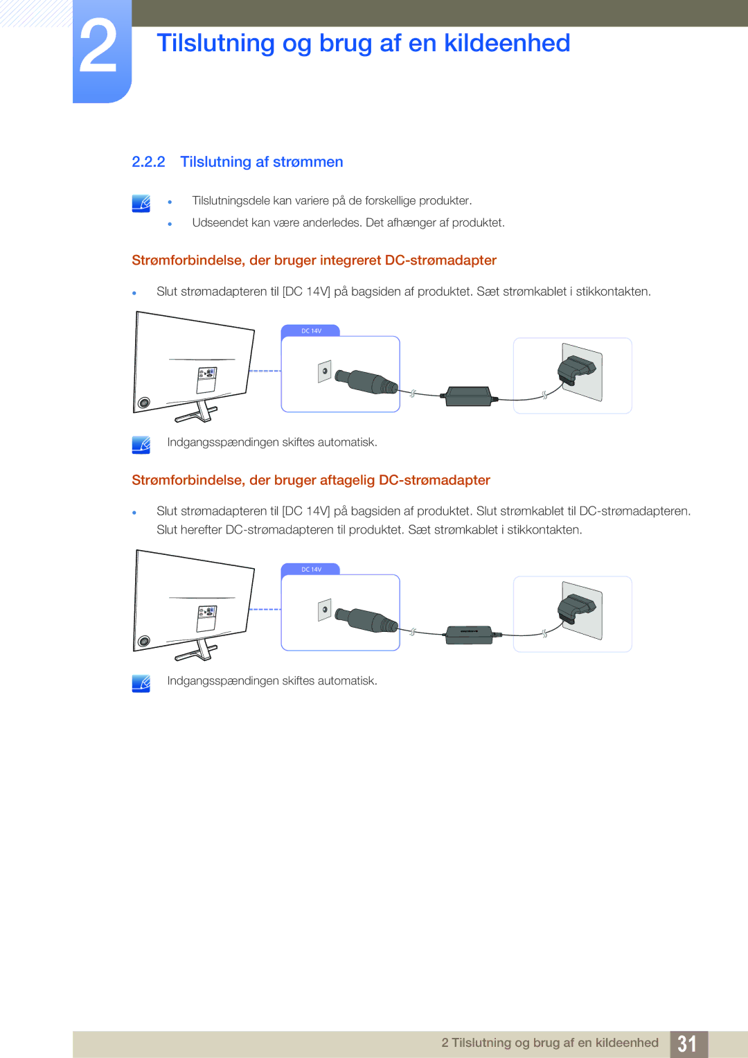 Samsung LS27D590PSX/EN, LS24D590PLX/EN Tilslutning af strømmen, Strømforbindelse, der bruger integreret DC-strømadapter 