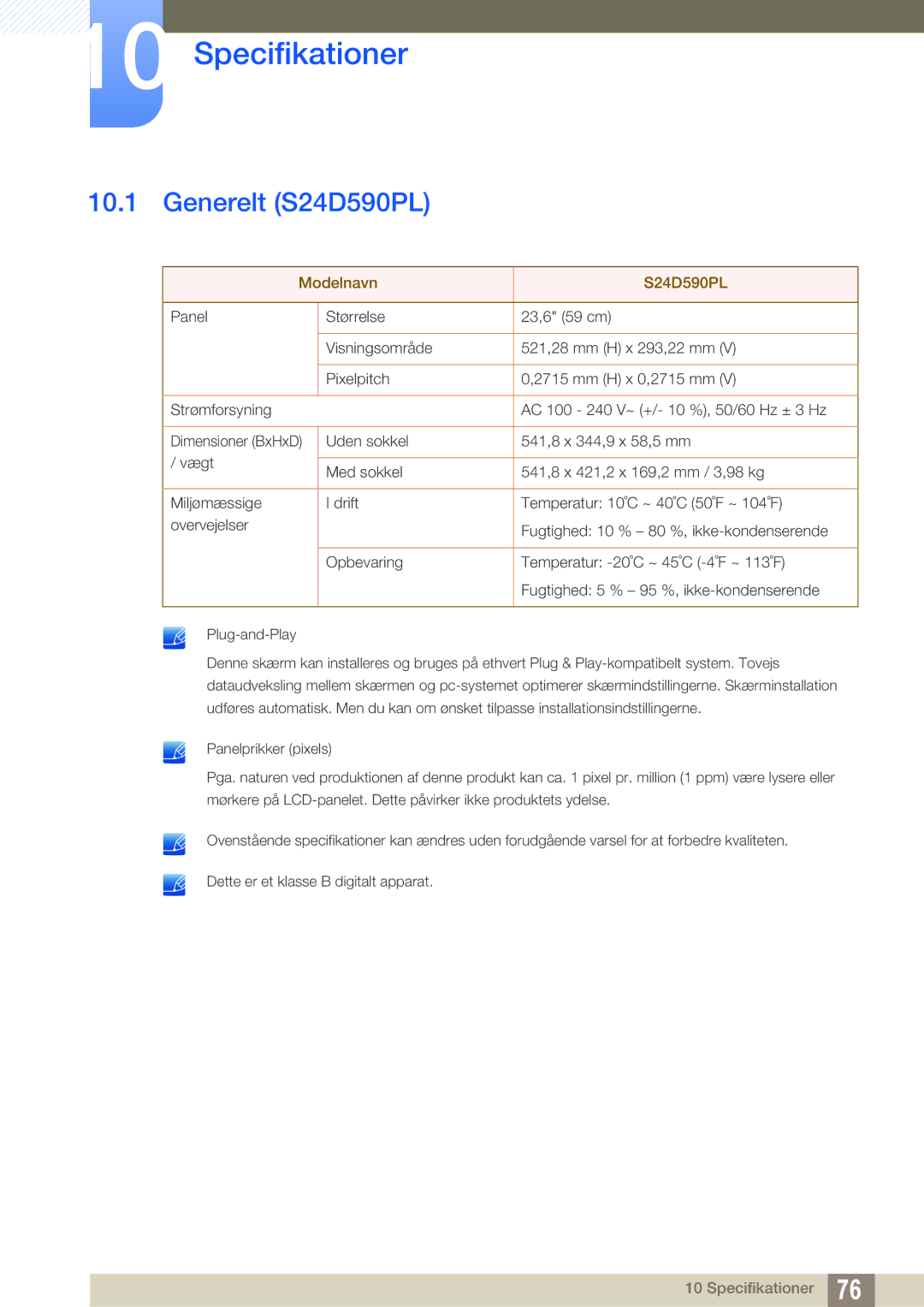 Samsung LS24D590PLX/EN, LS27D590PSX/EN manual Specifikationer, Generelt S24D590PL 