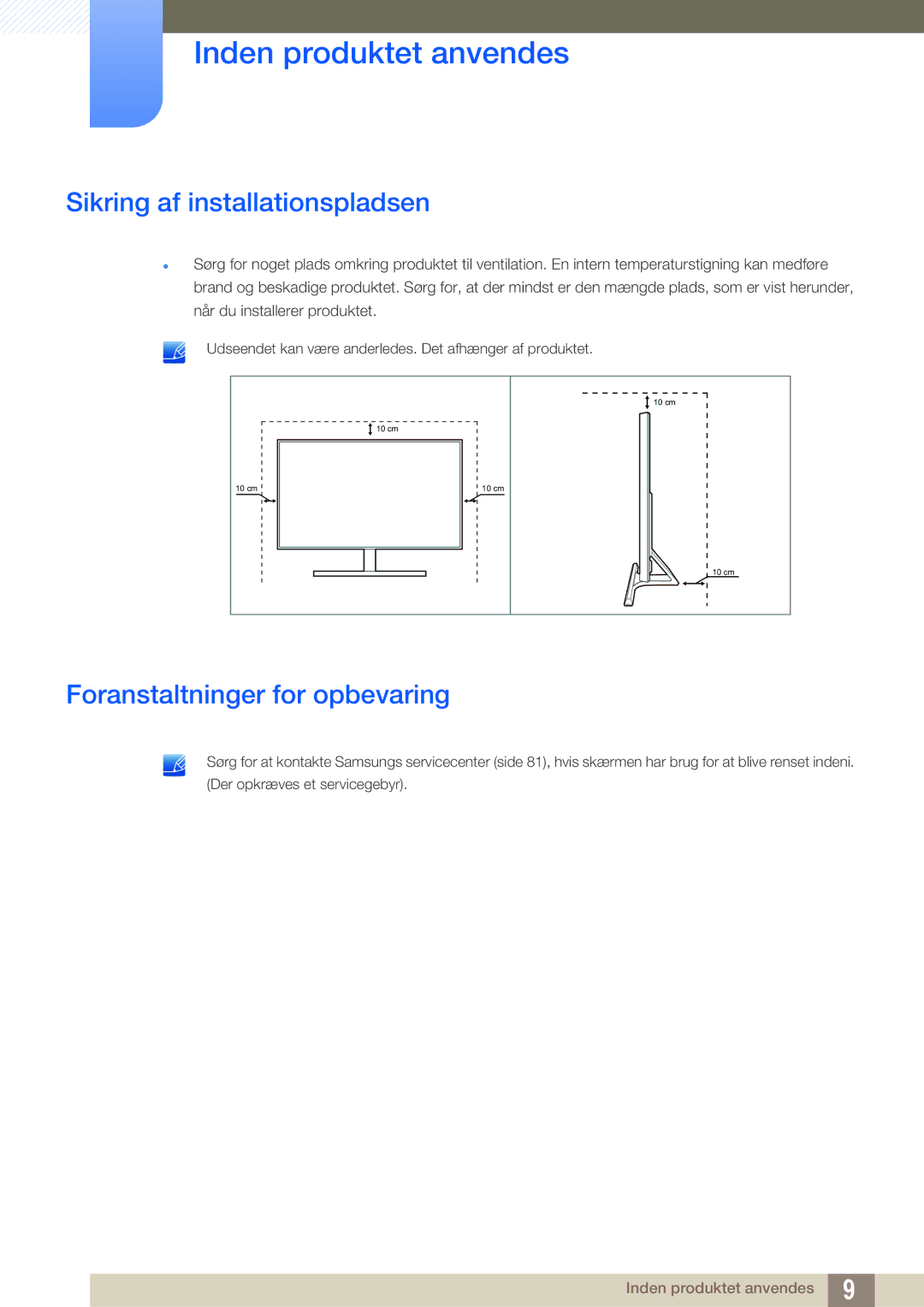 Samsung LS27D590PSX/EN, LS24D590PLX/EN manual Sikring af installationspladsen, Foranstaltninger for opbevaring 