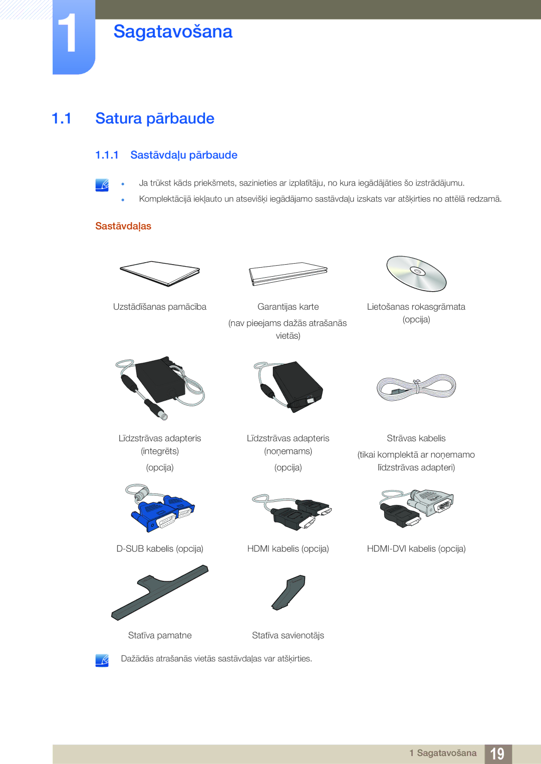 Samsung LS27D590PSX/EN, LS24D590PLX/EN manual Sagatavošana, Satura pārbaude, Sastāvdaļu pārbaude, Sastāvdaļas 