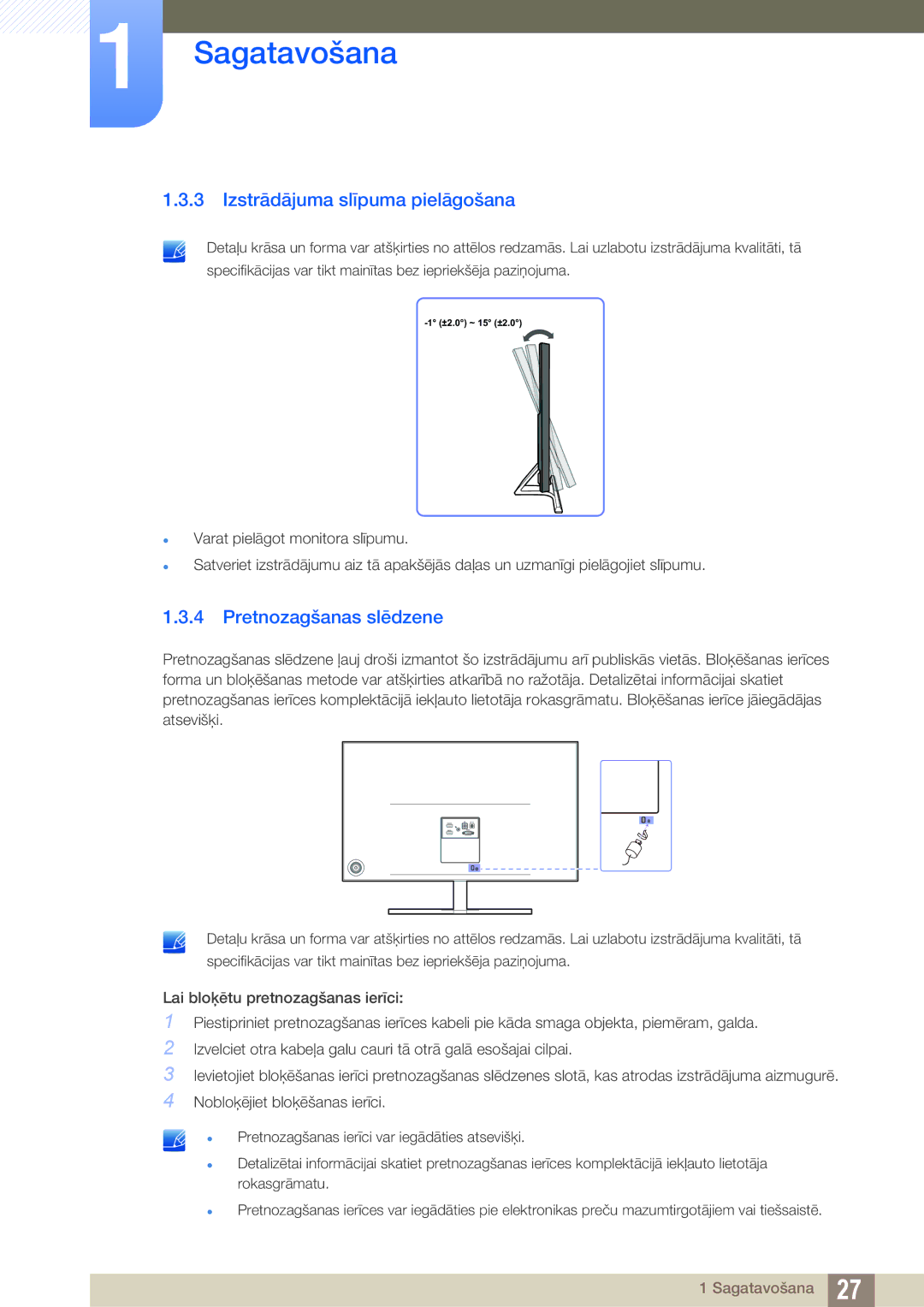 Samsung LS27D590PSX/EN, LS24D590PLX/EN manual Izstrādājuma slīpuma pielāgošana, Pretnozagšanas slēdzene 