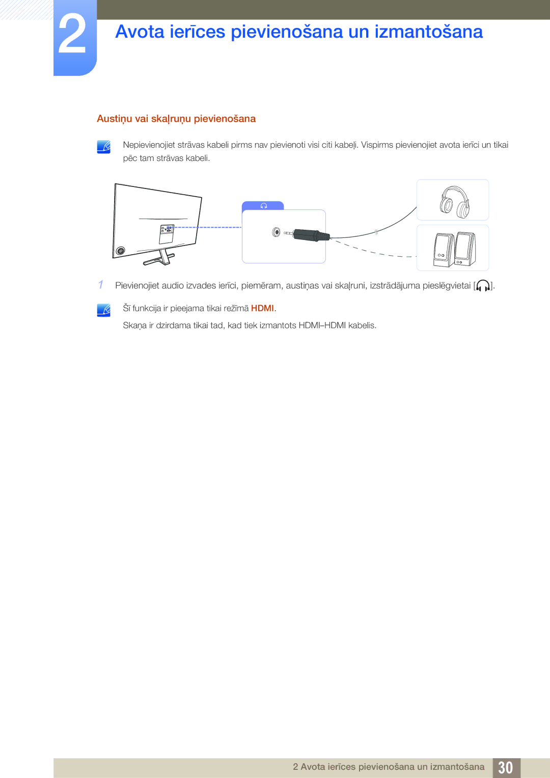 Samsung LS24D590PLX/EN, LS27D590PSX/EN manual Austiņu vai skaļruņu pievienošana 