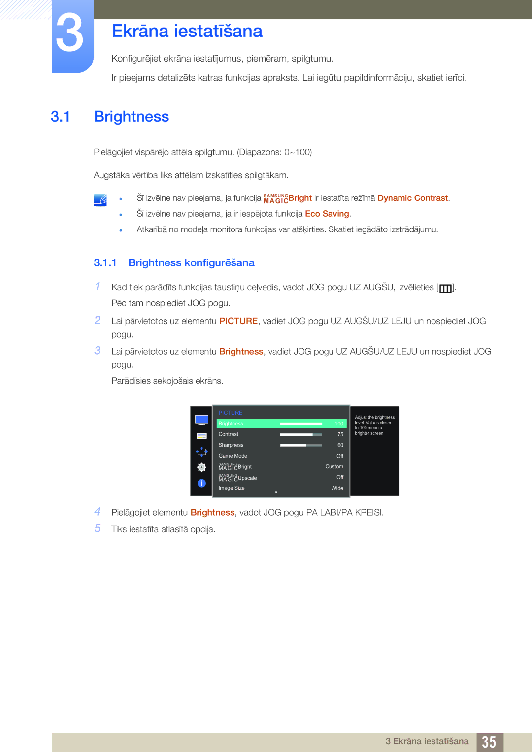 Samsung LS27D590PSX/EN, LS24D590PLX/EN manual Ekrāna iestatīšana, Brightness konfigurēšana 