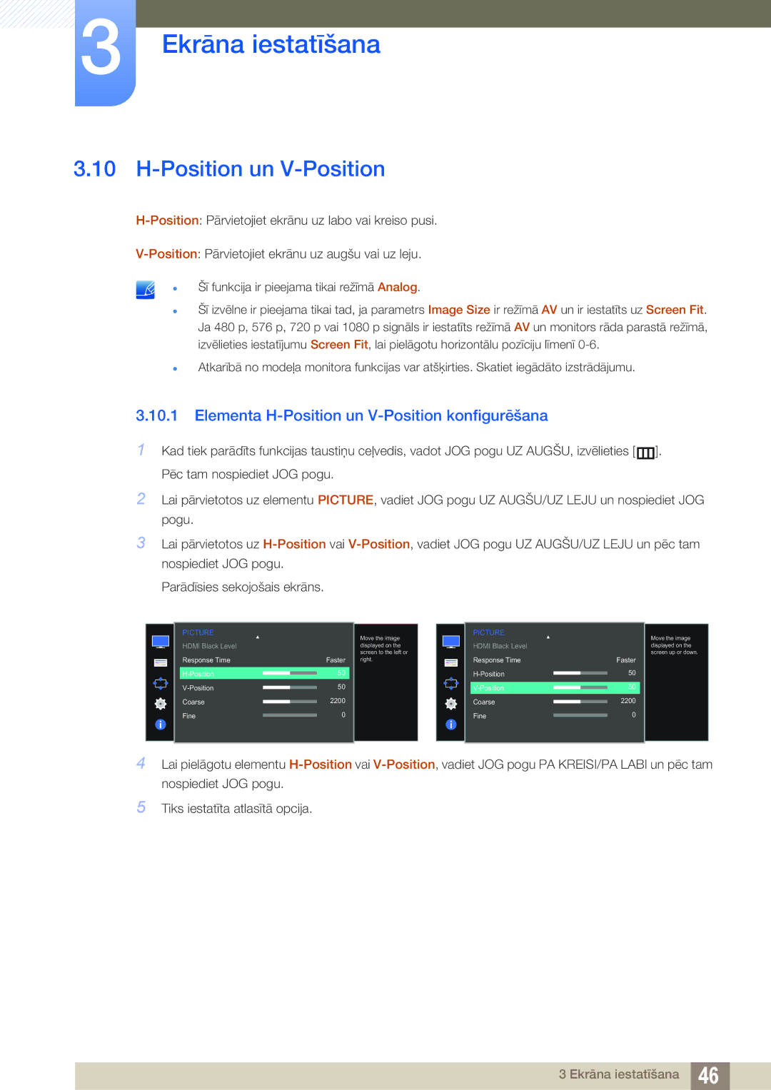 Samsung LS24D590PLX/EN, LS27D590PSX/EN manual Elementa H-Position un V-Position konfigurēšana 