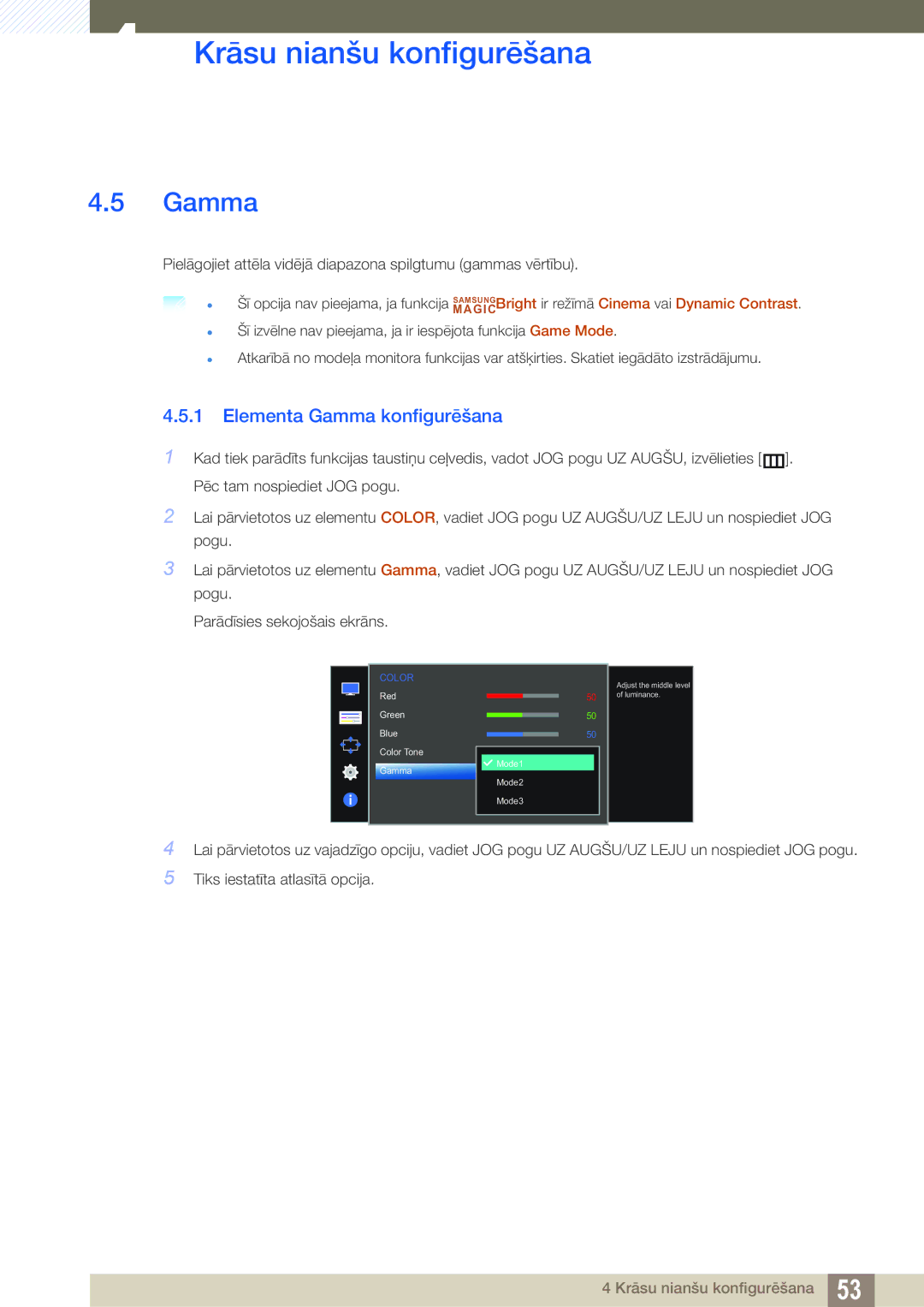 Samsung LS27D590PSX/EN, LS24D590PLX/EN manual Elementa Gamma konfigurēšana 