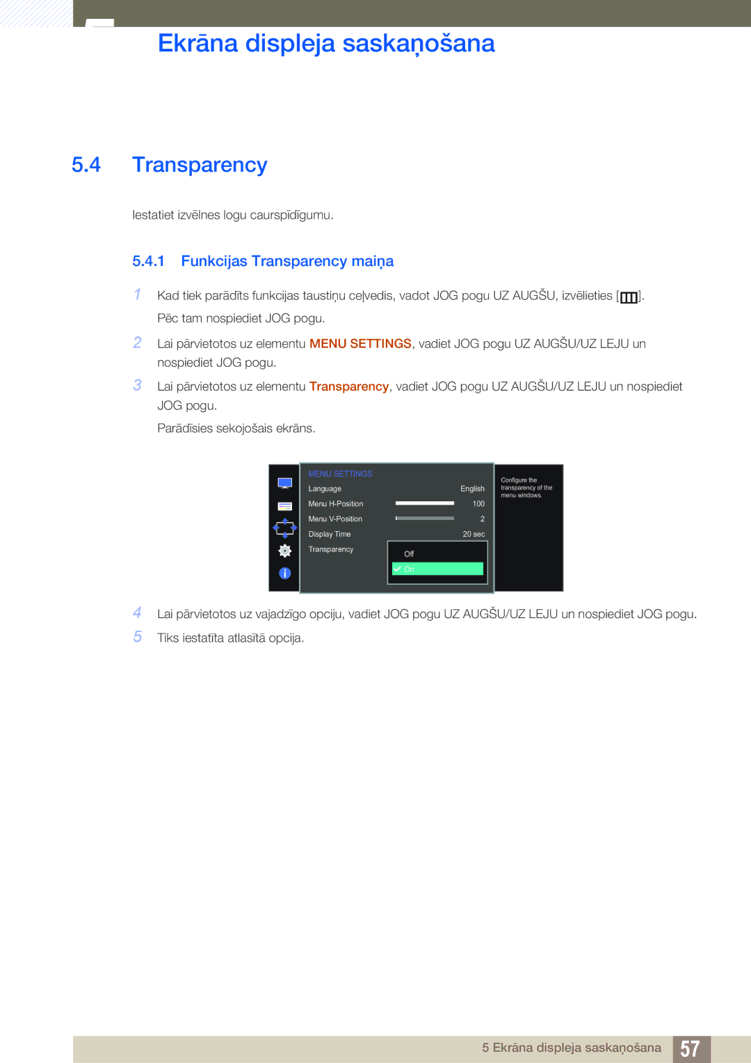 Samsung LS27D590PSX/EN, LS24D590PLX/EN manual Funkcijas Transparency maiņa 