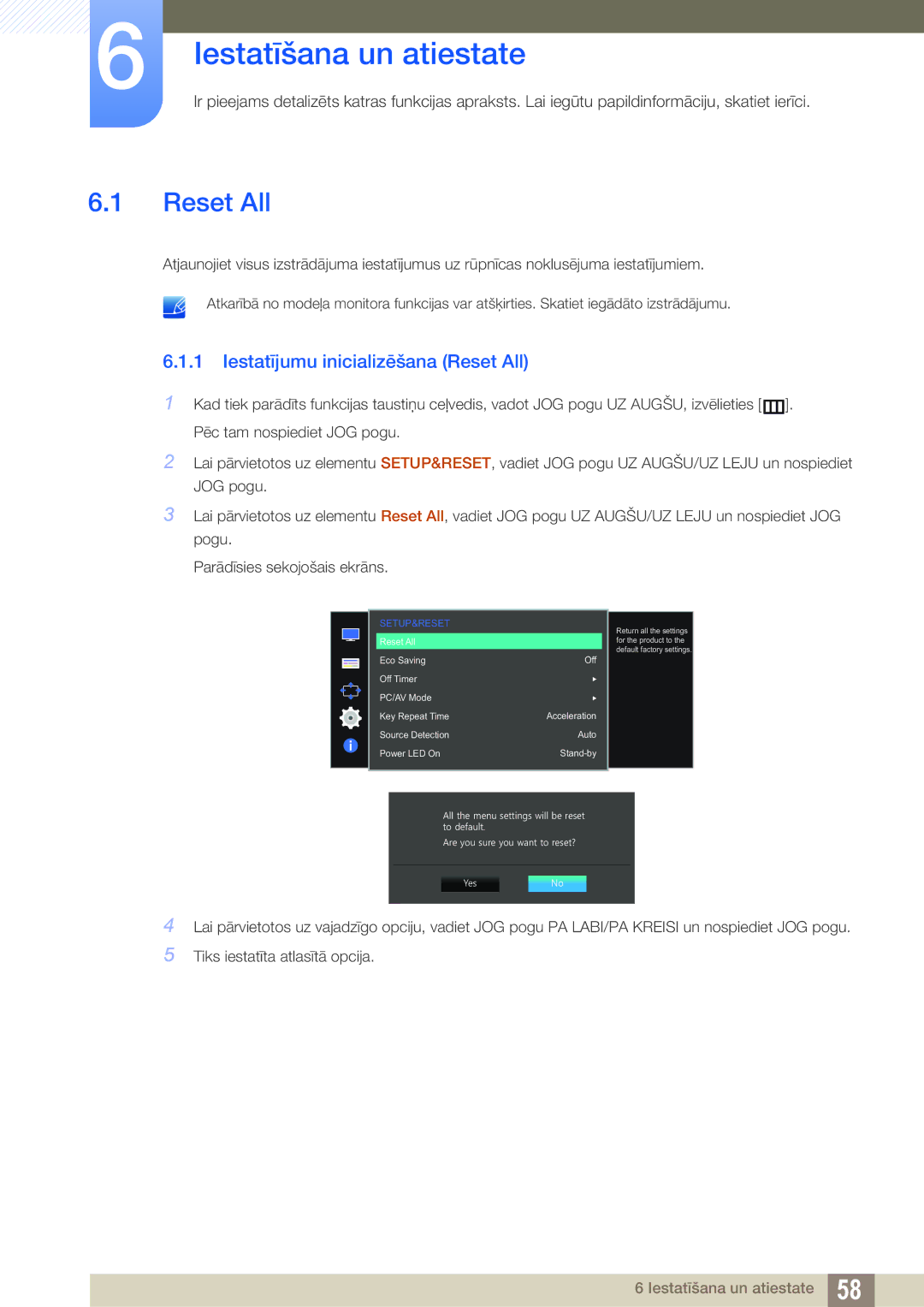 Samsung LS24D590PLX/EN, LS27D590PSX/EN manual Iestatīšana un atiestate, Iestatījumu inicializēšana Reset All 