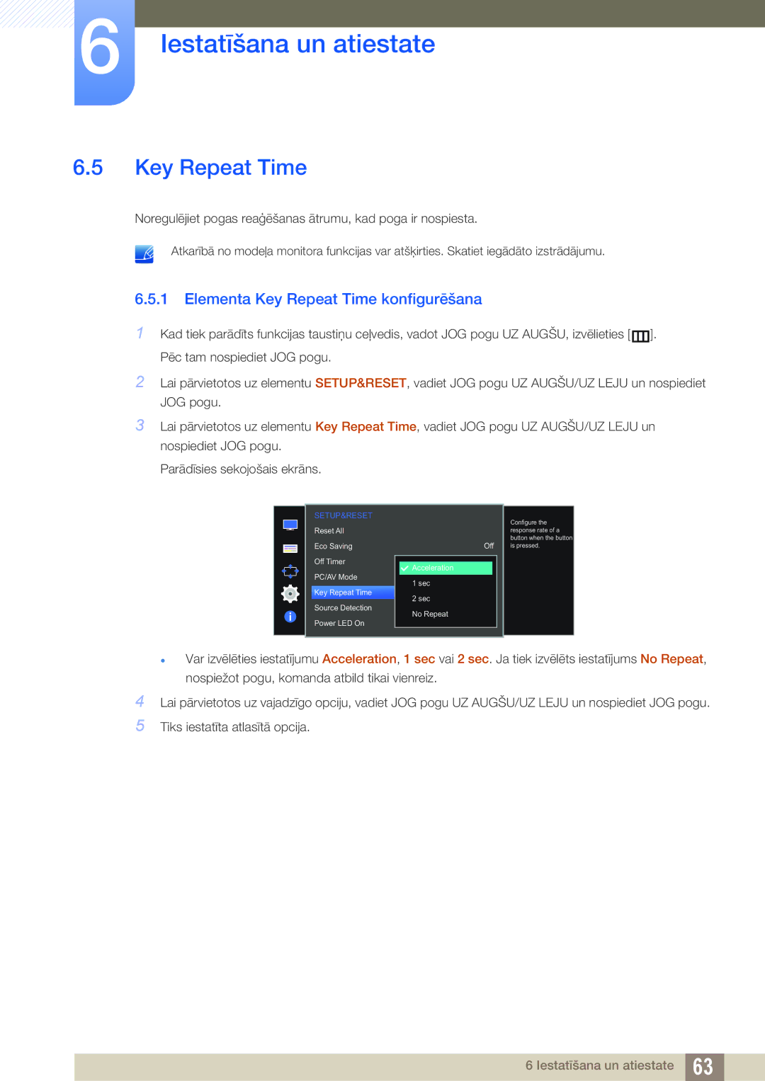 Samsung LS27D590PSX/EN, LS24D590PLX/EN manual Elementa Key Repeat Time konfigurēšana 