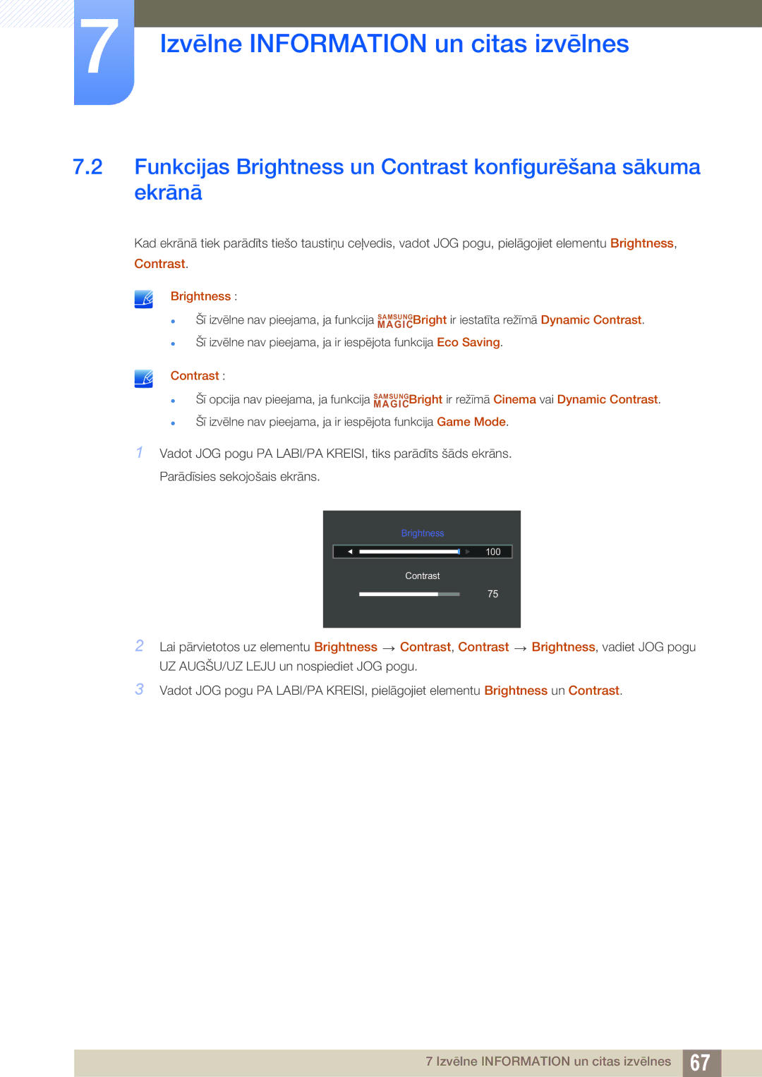 Samsung LS27D590PSX/EN, LS24D590PLX/EN manual Funkcijas Brightness un Contrast konfigurēšana sākuma ekrānā 