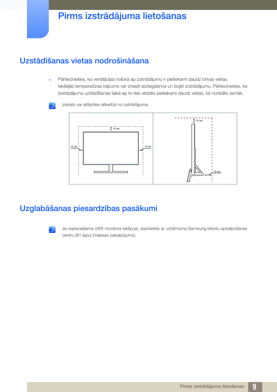 Samsung LS27D590PSX/EN, LS24D590PLX/EN manual Uzstādīšanas vietas nodrošināšana, Uzglabāšanas piesardzības pasākumi 