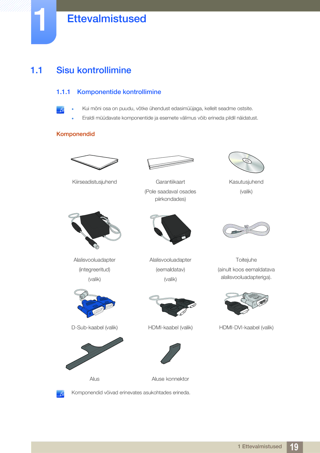 Samsung LS27D590PSX/EN, LS24D590PLX/EN manual Ettevalmistused, Sisu kontrollimine, Komponentide kontrollimine, Komponendid 