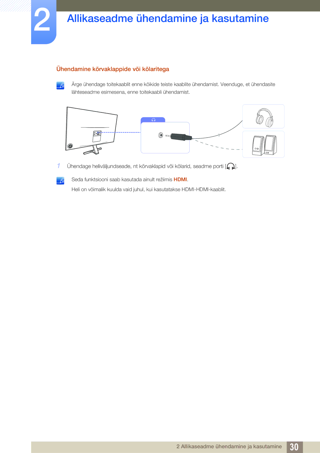 Samsung LS24D590PLX/EN, LS27D590PSX/EN manual Ühendamine kõrvaklappide või kõlaritega 