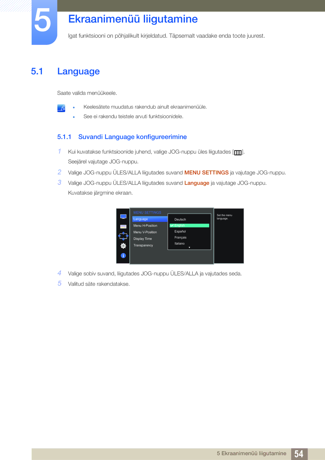 Samsung LS24D590PLX/EN, LS27D590PSX/EN manual Ekraanimenüü liigutamine, Suvandi Language konfigureerimine 