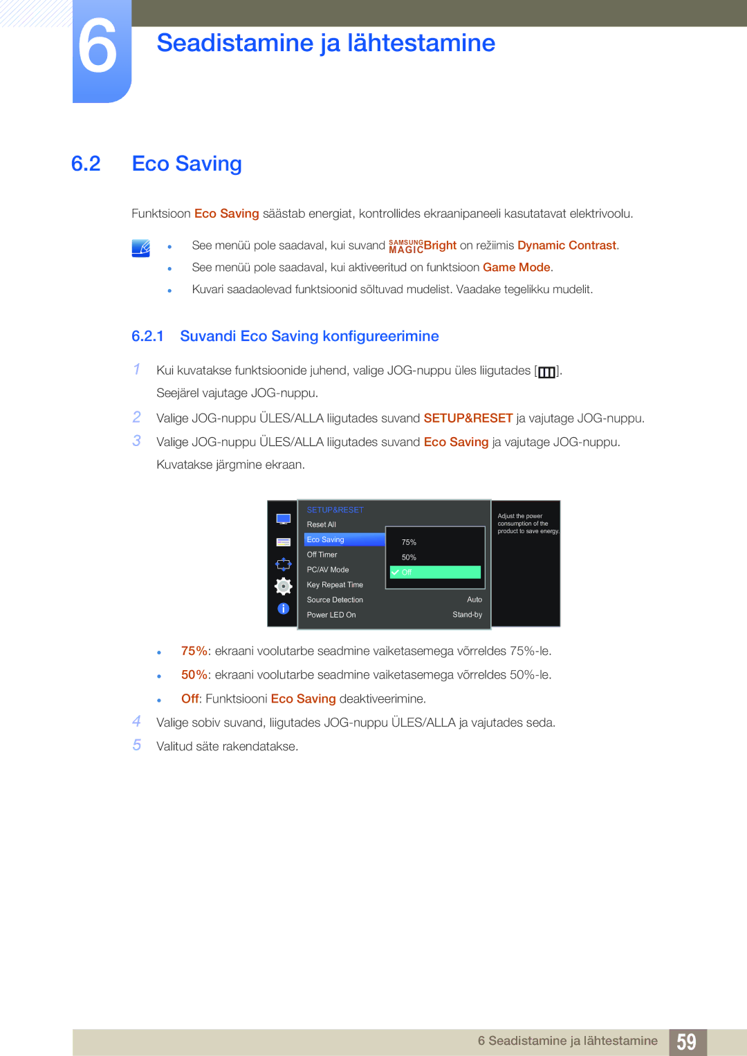 Samsung LS27D590PSX/EN, LS24D590PLX/EN manual Suvandi Eco Saving konfigureerimine 