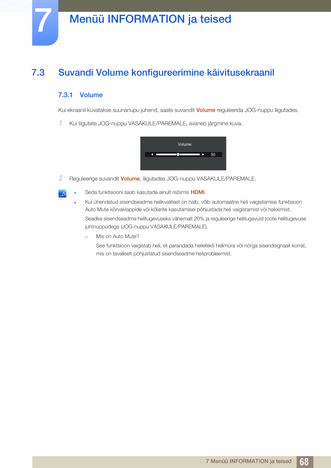 Samsung LS24D590PLX/EN, LS27D590PSX/EN manual Suvandi Volume konfigureerimine käivitusekraanil 