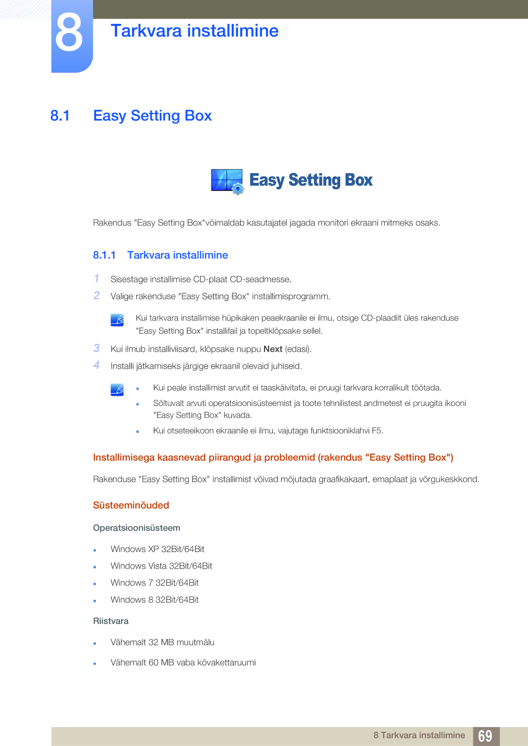 Samsung LS27D590PSX/EN, LS24D590PLX/EN manual Tarkvara installimine, Easy Setting Box, Süsteeminõuded 