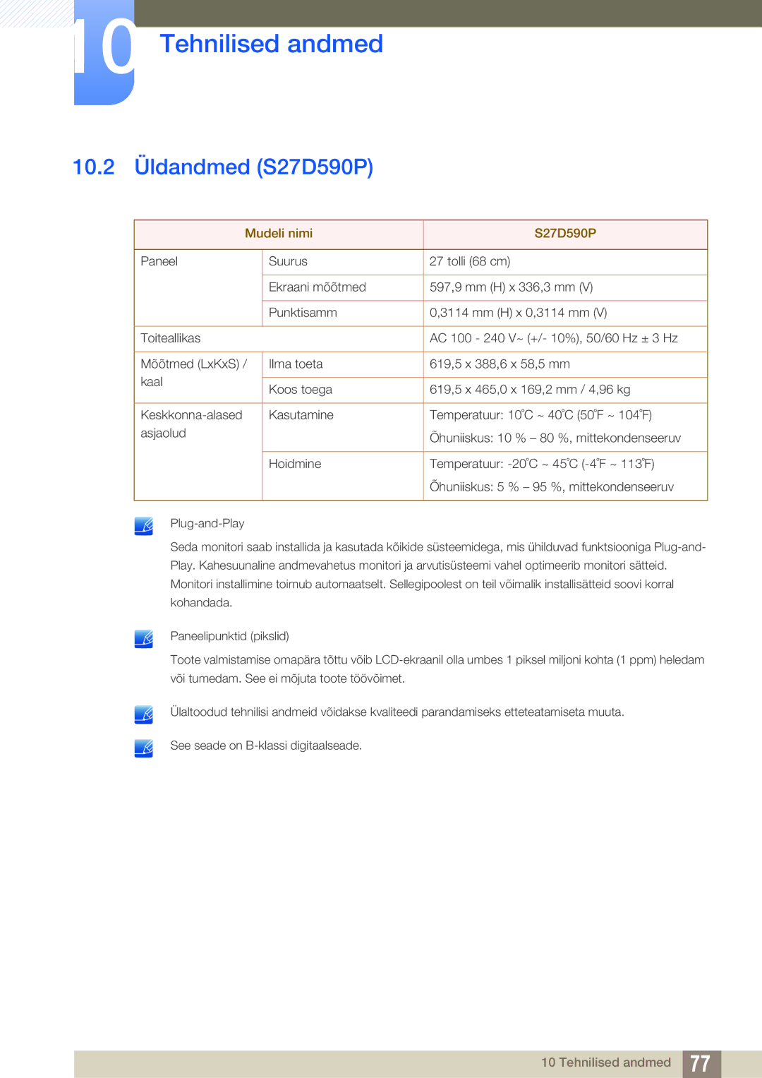 Samsung LS27D590PSX/EN, LS24D590PLX/EN manual 10.2 Üldandmed S27D590P, Mudeli nimi S27D590P 