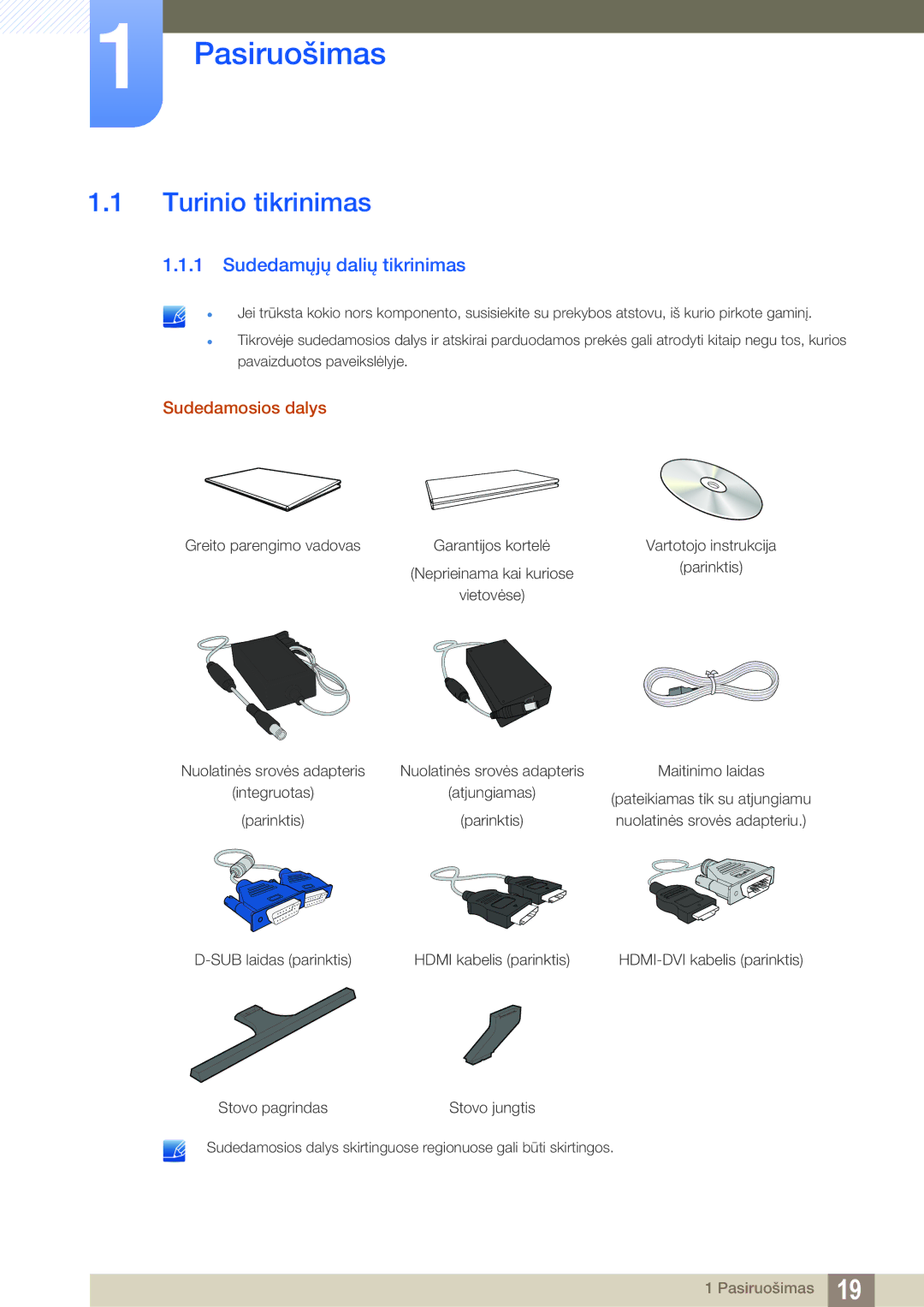 Samsung LS27D590PSX/EN, LS24D590PLX/EN Pasiruošimas, Turinio tikrinimas, Sudedamųjų dalių tikrinimas, Sudedamosios dalys 