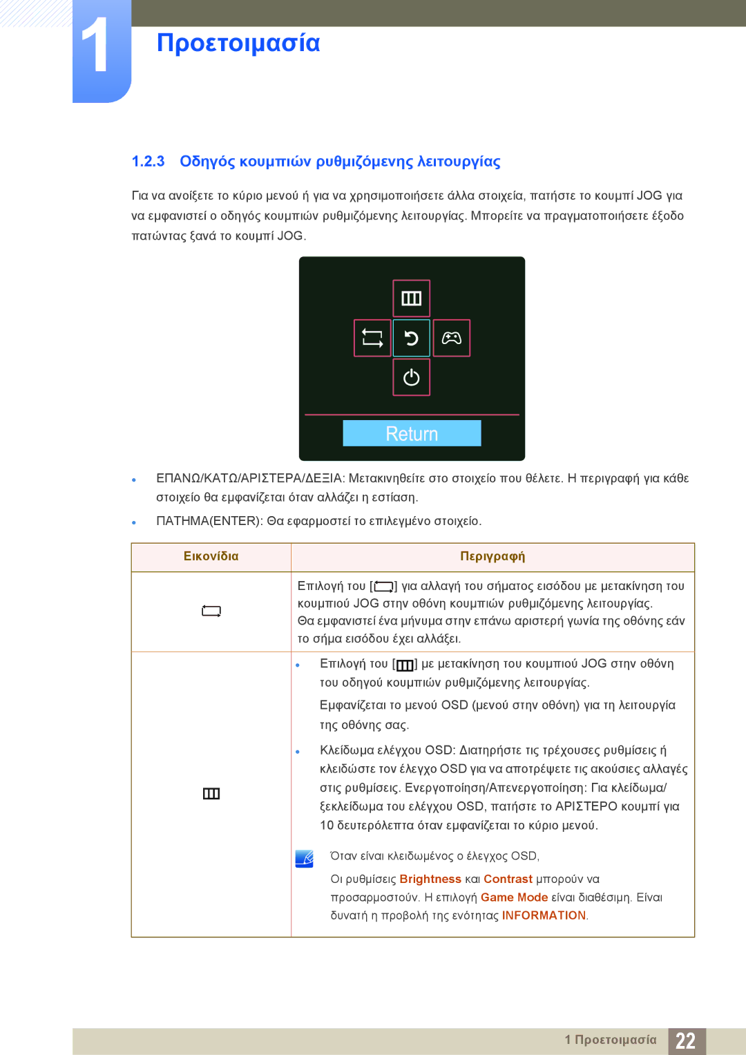 Samsung LS24D590PLX/EN, LS27D590PSX/EN manual Return, 3 Οδηγός κουμπιών ρυθμιζόμενης λειτουργίας 