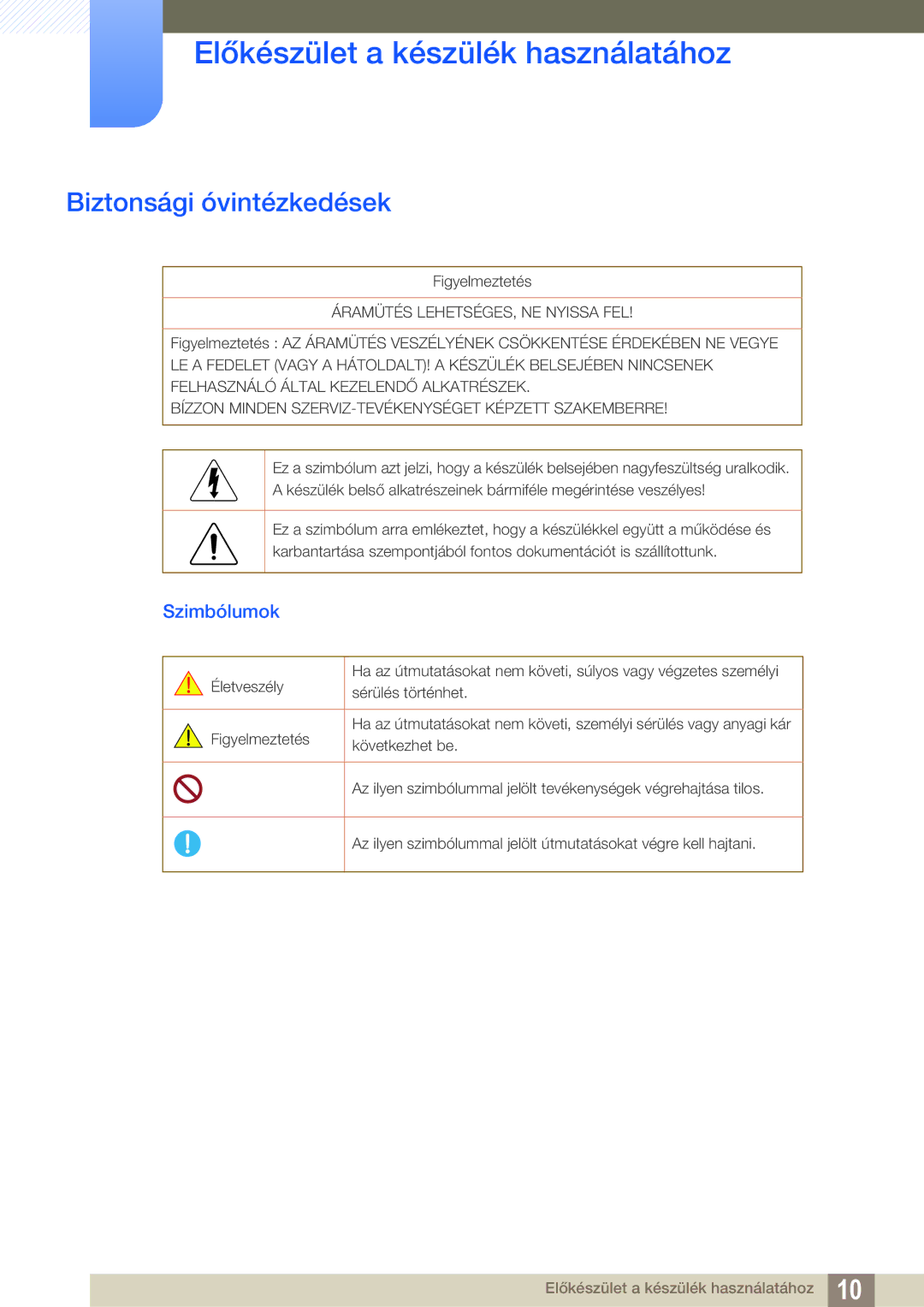 Samsung LS24D590PLX/EN, LS27D590PSX/EN manual Biztonsági óvintézkedések, Szimbólumok 