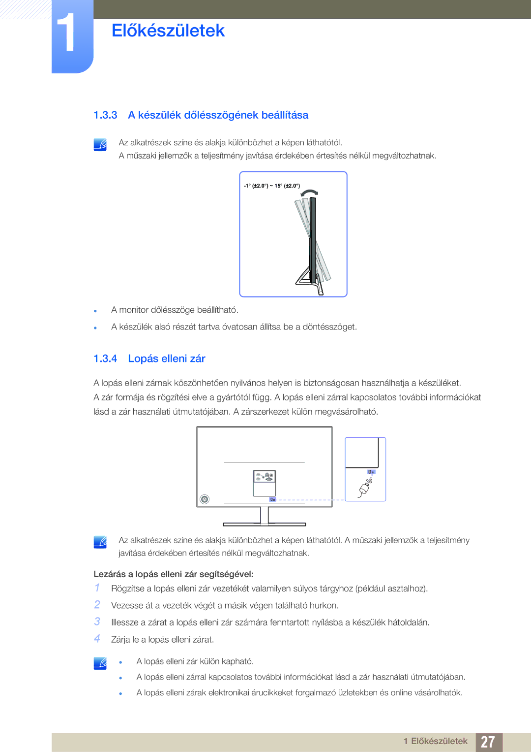 Samsung LS27D590PSX/EN, LS24D590PLX/EN manual 3 a készülék dőlésszögének beállítása, 4 Lopás elleni zár 