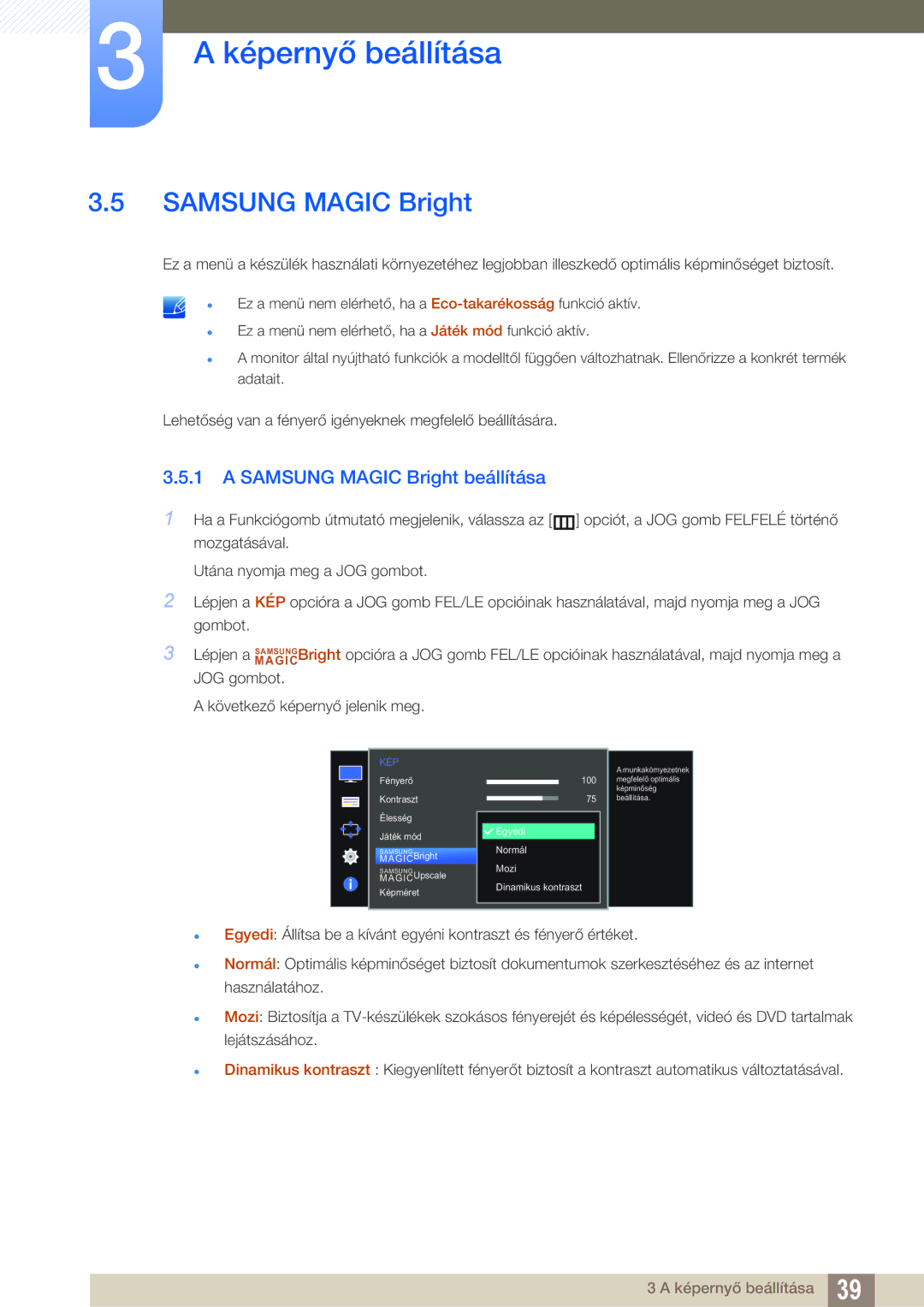 Samsung LS27D590PSX/EN, LS24D590PLX/EN manual Samsung Magic Bright beállítása 