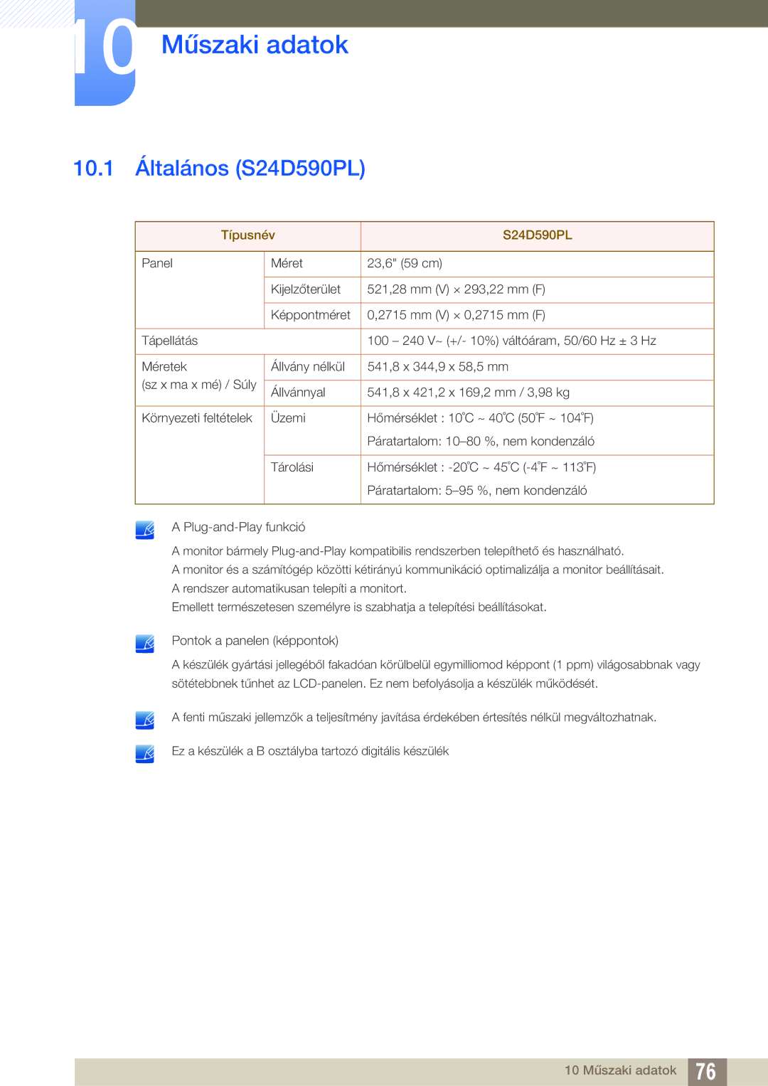 Samsung LS24D590PLX/EN, LS27D590PSX/EN manual 10 Műszaki adatok, 10.1 Általános S24D590PL 