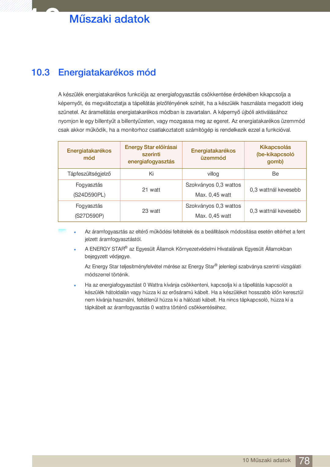 Samsung LS24D590PLX/EN, LS27D590PSX/EN manual Energiatakarékos mód 