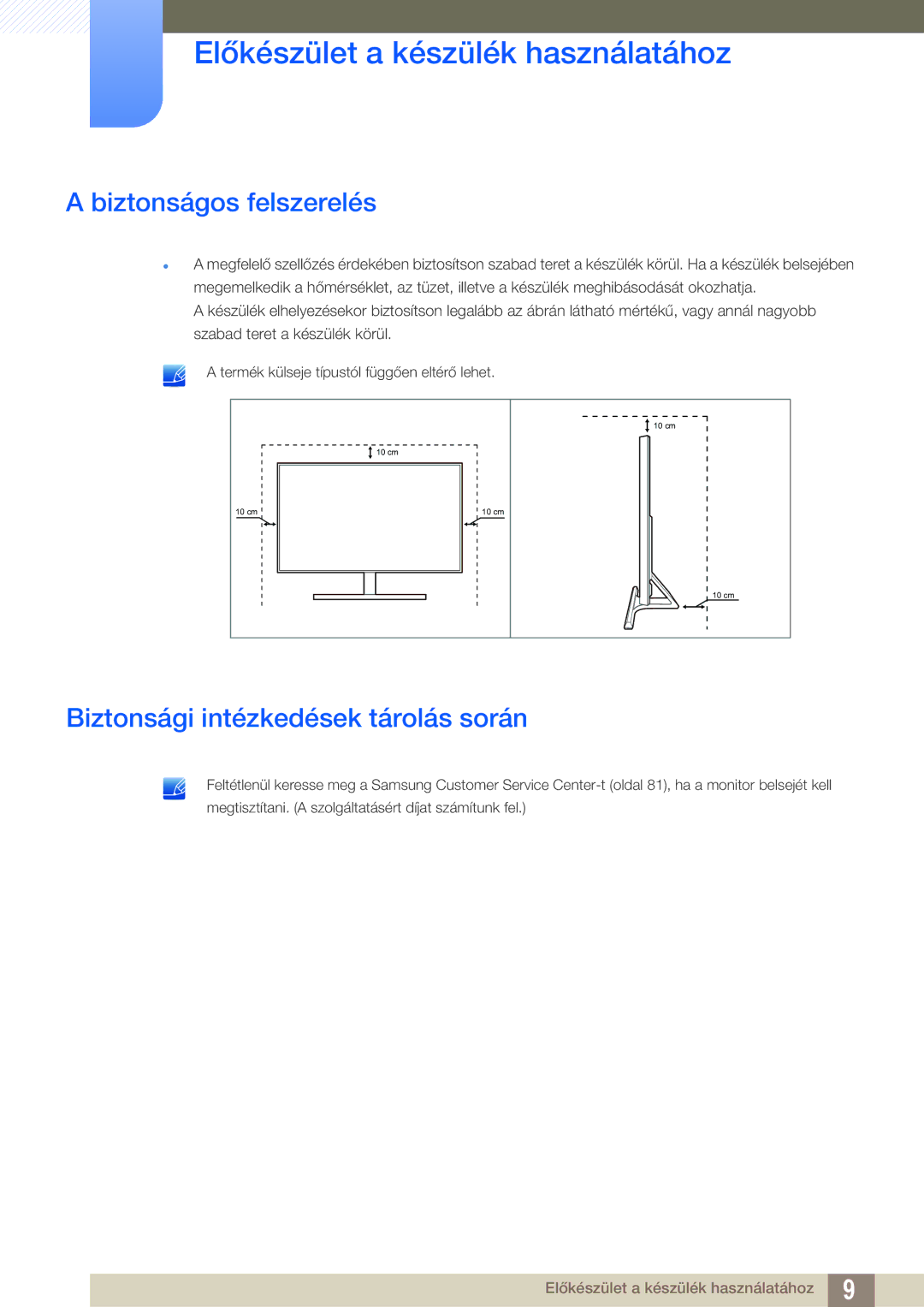 Samsung LS27D590PSX/EN, LS24D590PLX/EN manual Biztonságos felszerelés, Biztonsági intézkedések tárolás során 