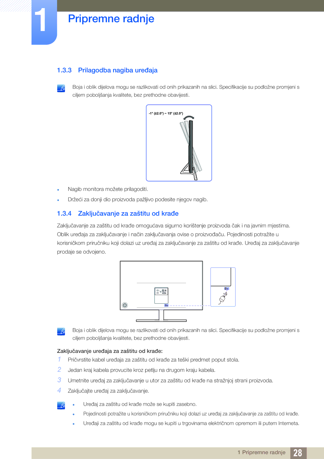 Samsung LS24D590PLX/EN, LS27D590PSX/EN manual Prilagodba nagiba uređaja, Zaključavanje za zaštitu od krađe 