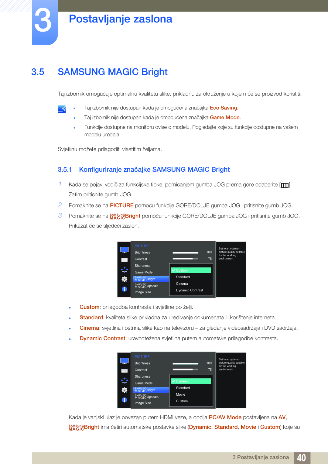 Samsung LS24D590PLX/EN, LS27D590PSX/EN manual Konfiguriranje značajke Samsung Magic Bright 