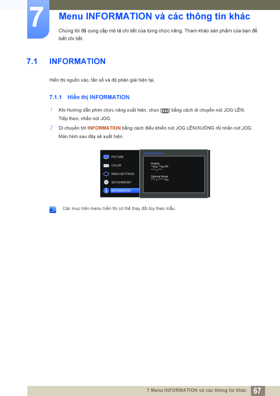 Samsung LS27D590PS/XV, LS24D590PL/XV manual Menu Information và các thông tin khác, 1 Hiển thị Information 