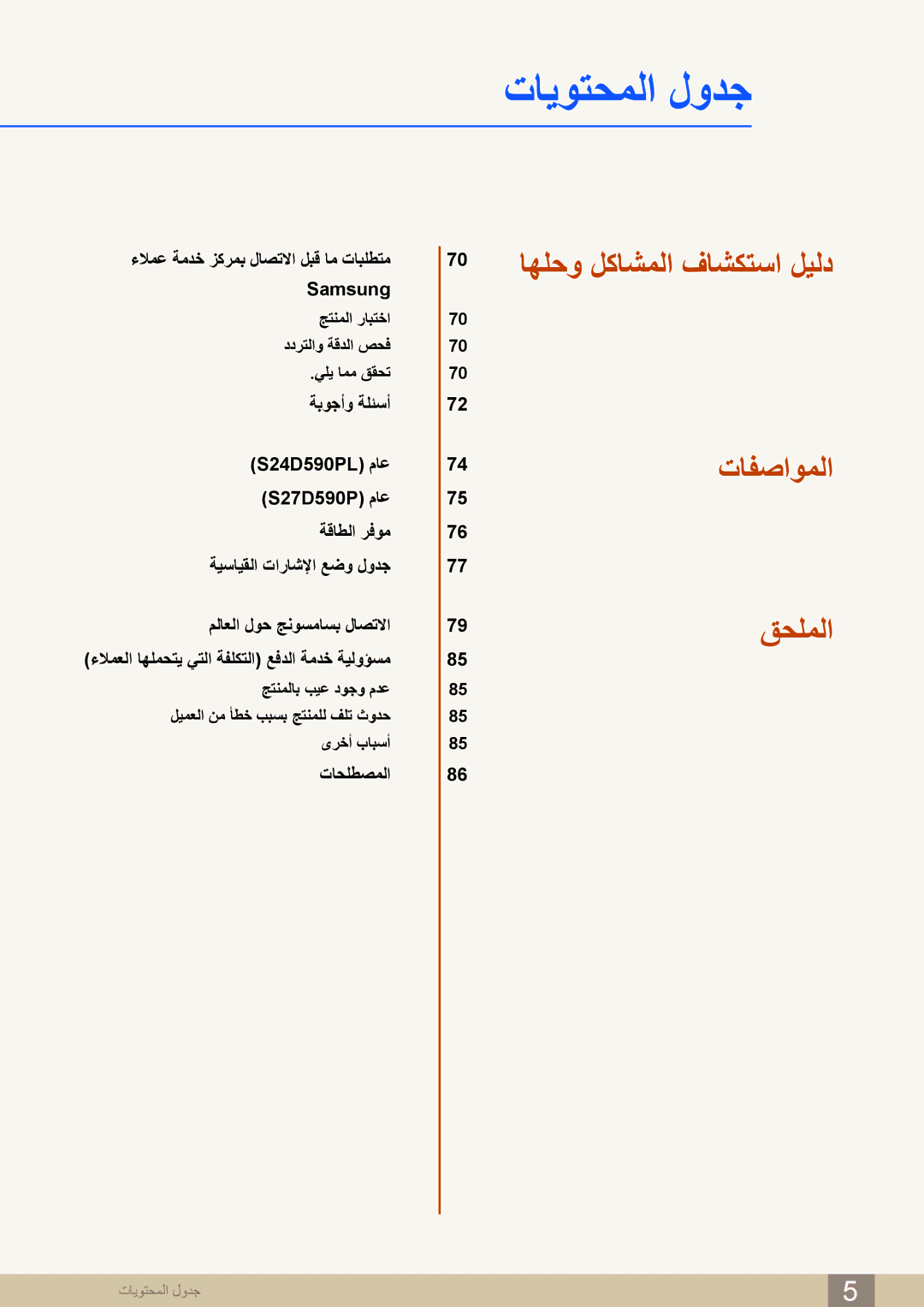 Samsung LS27D590PS/UE, LS24D590PL/ZR manual 70 اهلحو لكاشملا فاشكتسا ليلد تافصاوملا قحلملا 