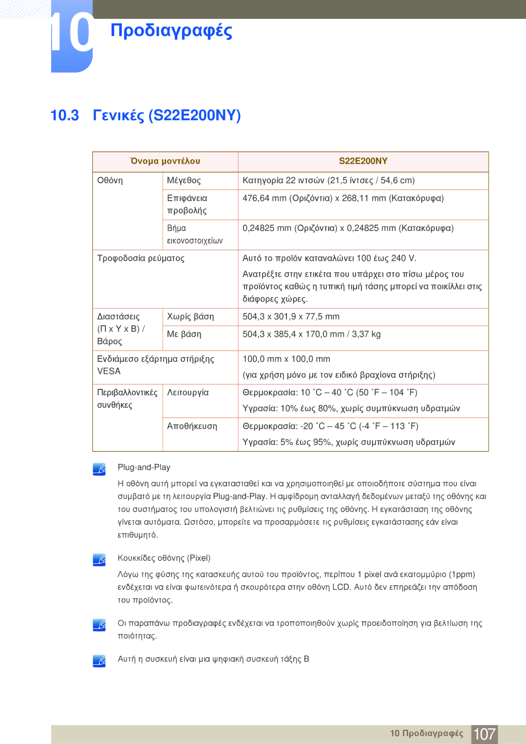 Samsung LS24E20KBL/EN manual 10.3 Γενικές S22E200NY, Όνομα μοντέλου S22E200NY 