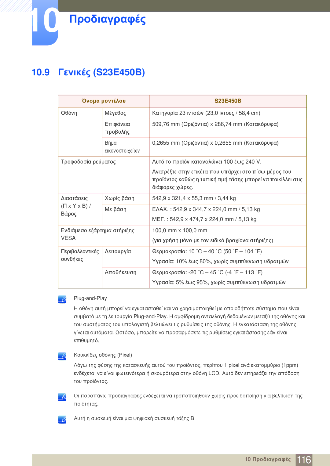 Samsung LS24E20KBL/EN manual 10.9 Γενικές S23E450B, Όνομα μοντέλου S23E450B 