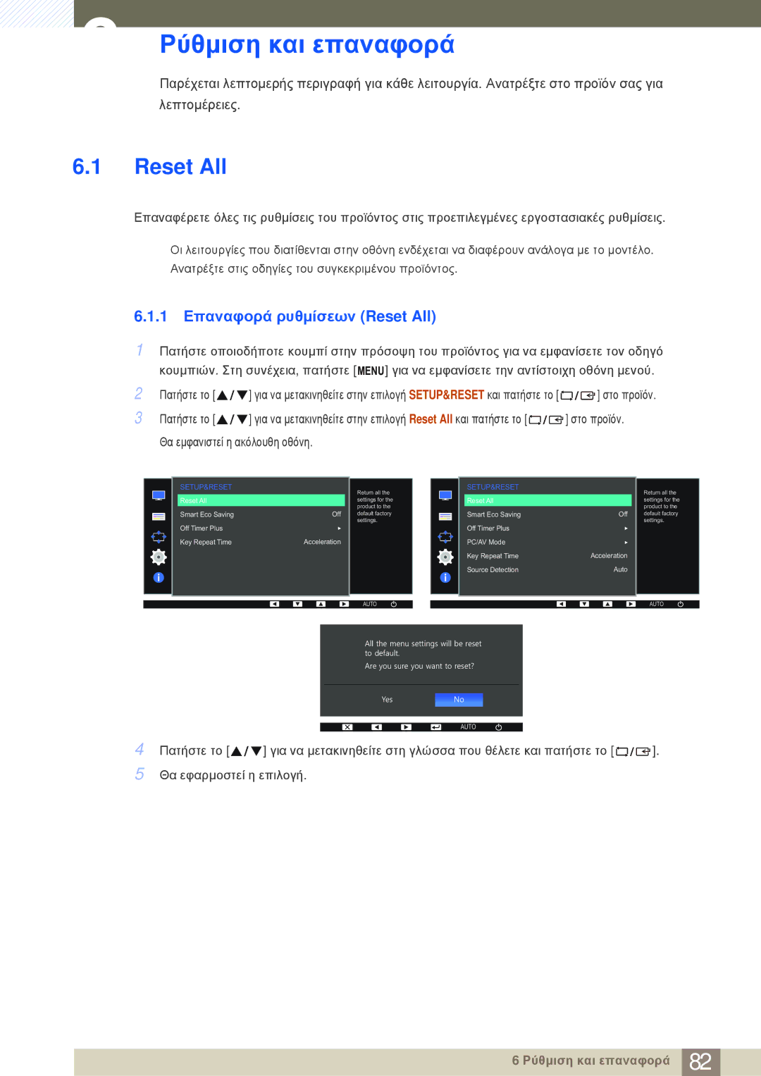 Samsung LS24E20KBL/EN manual Ρύθμιση και επαναφορά, 1 Επαναφορά ρυθμίσεων Reset All 