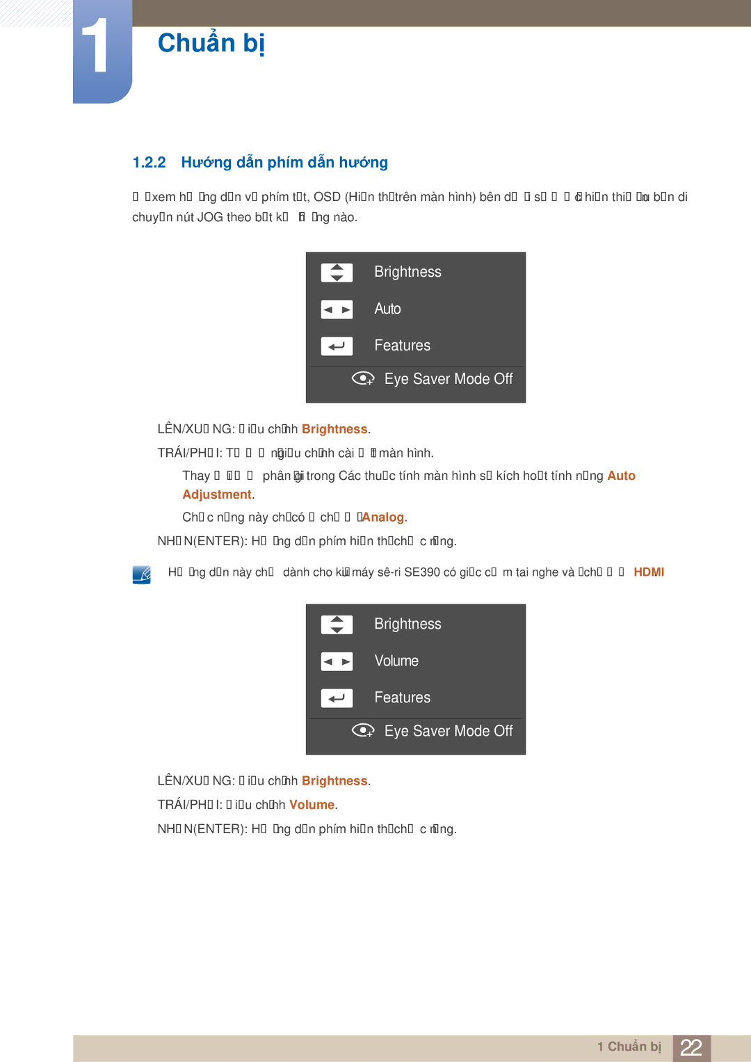 Samsung LS24E390HL/XV, LS24E360HL/XV, LS22E360HS/XV 2 Hướng dẫn phím dẫn hướng, Brightness Auto Features Eye Saver Mode Off 