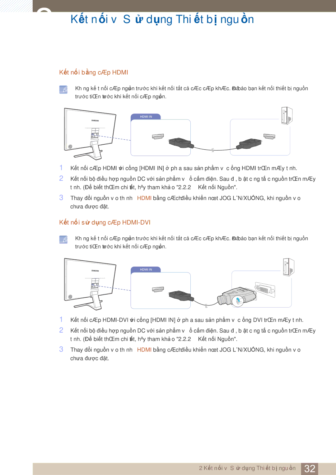 Samsung LS27E390HS/XV, LS24E360HL/XV, LS24E390HL/XV, LS22E360HS/XV, LS27E360HS/XV, LS27E360FS/XV manual Kết nối bằng cáp Hdmi 