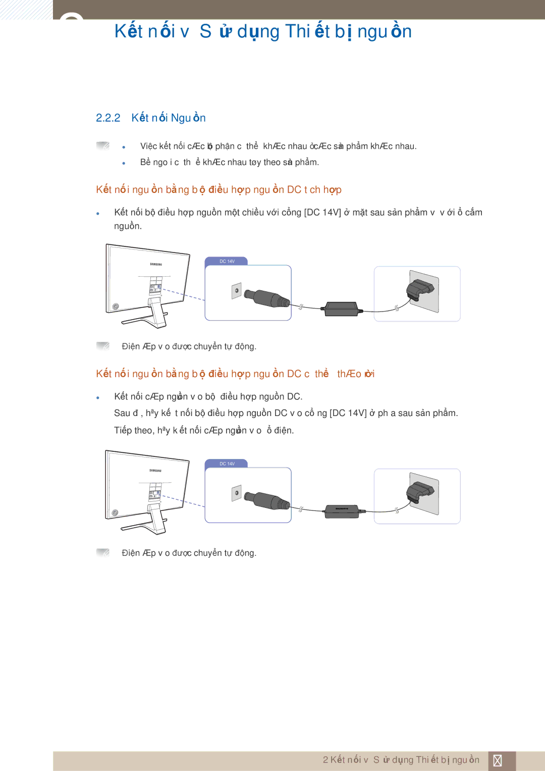 Samsung LS22E390HS/XV, LS24E360HL/XV, LS24E390HL/XV manual 2 Kết nối Nguồn, Kết nối nguồn bằng bộ điều hợp nguồn DC tích hợp 