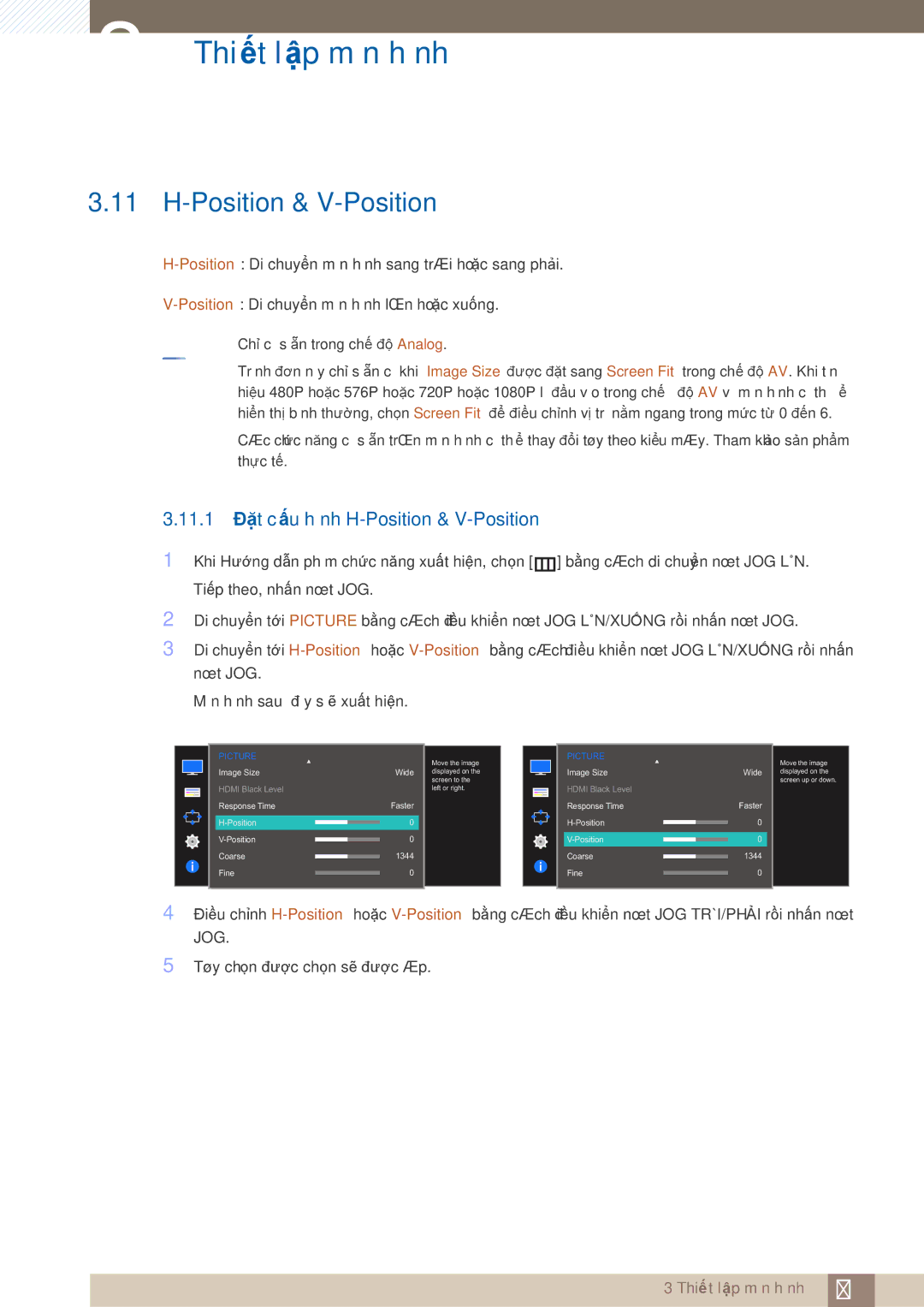 Samsung LS24E390HL/XV, LS24E360HL/XV, LS22E360HS/XV, LS27E360HS/XV manual 11.1 Đặt cấu hình H-Position & V-Position 