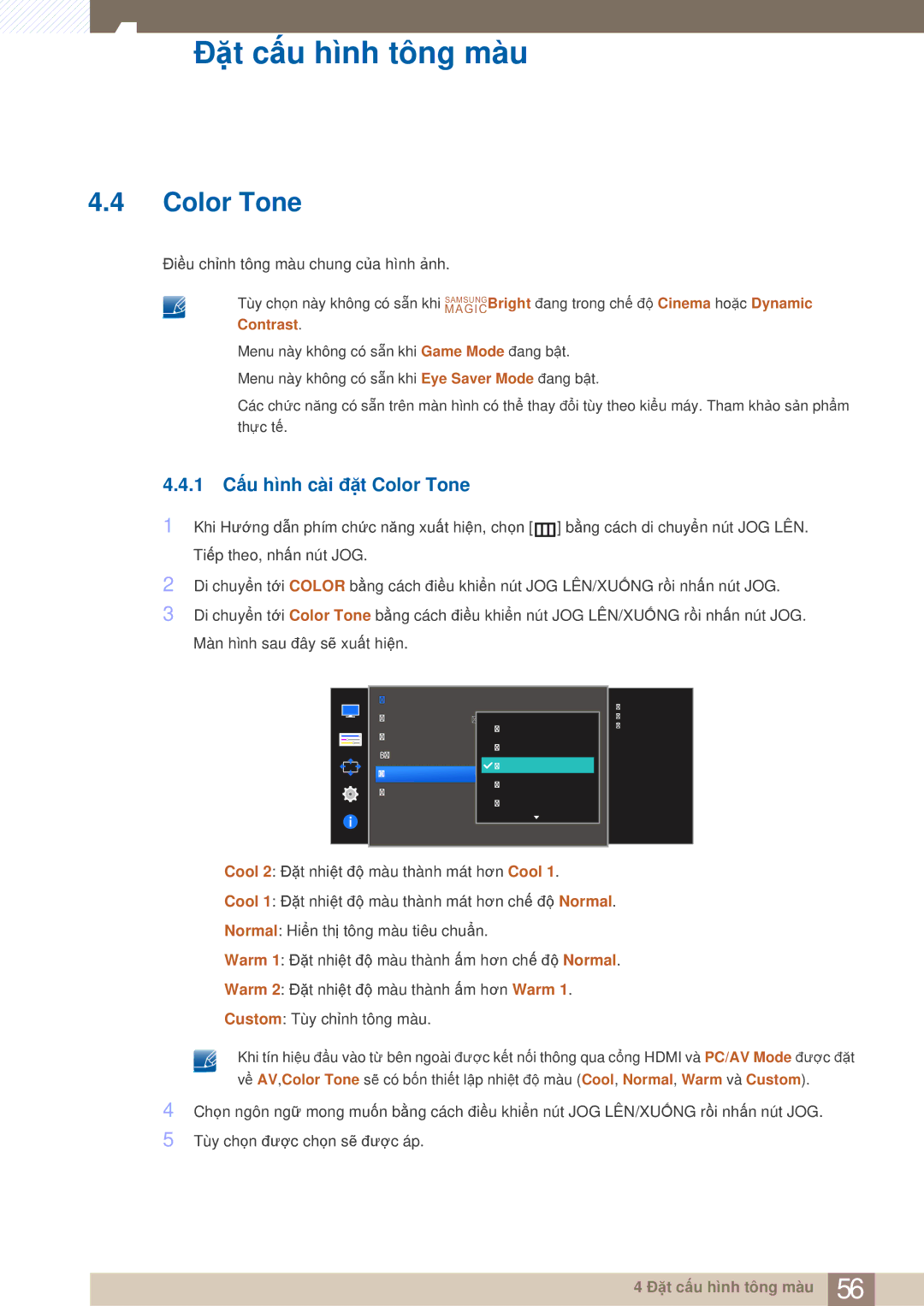 Samsung LS24E360HL/XV, LS24E390HL/XV, LS22E360HS/XV, LS27E360HS/XV, LS27E390HS/XV manual 1 Cấu hình cài đặt Color Tone 