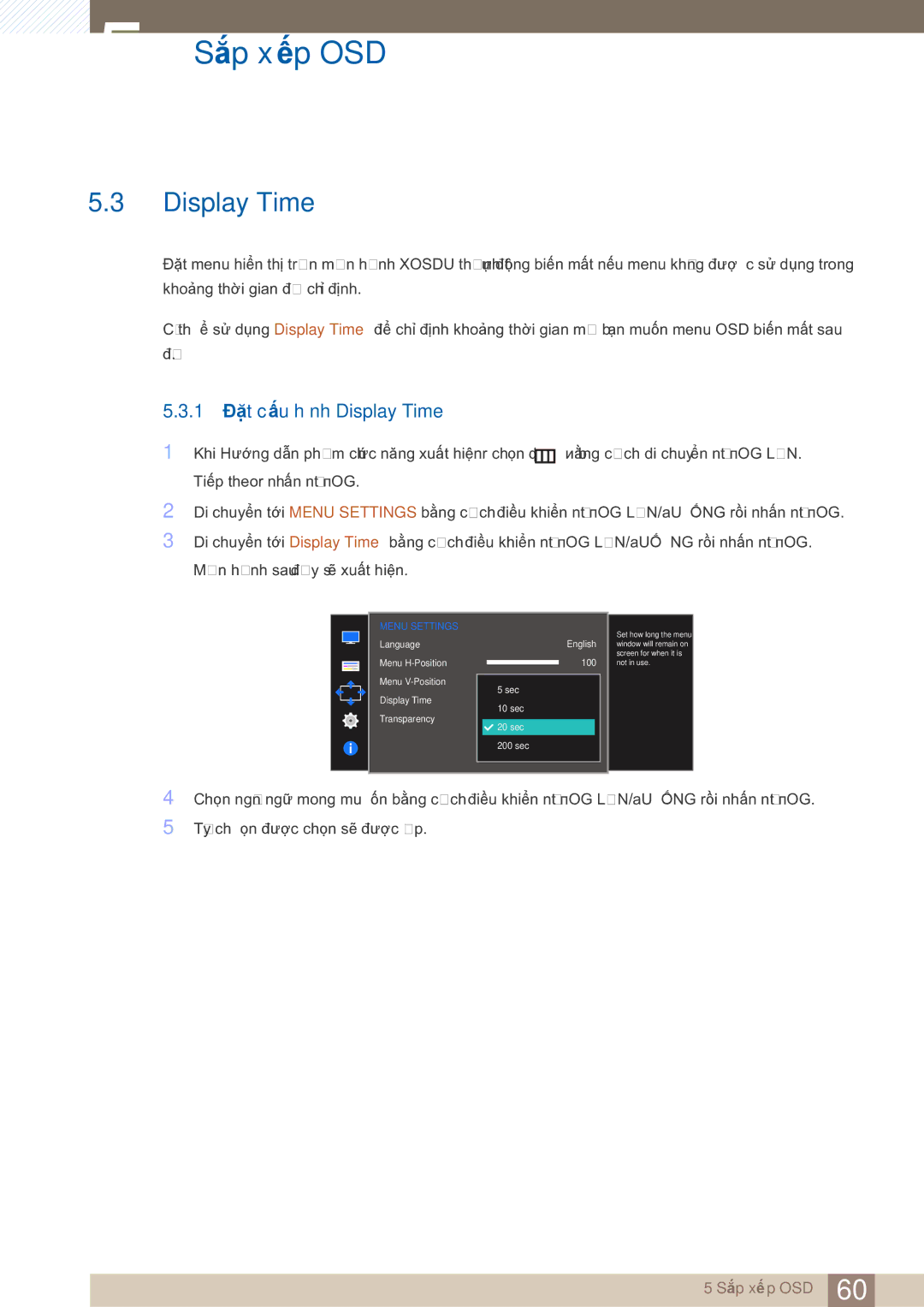 Samsung LS27E390HS/XV, LS24E360HL/XV, LS24E390HL/XV, LS22E360HS/XV, LS27E360HS/XV manual 1 Đặt cấu hình Display Time 