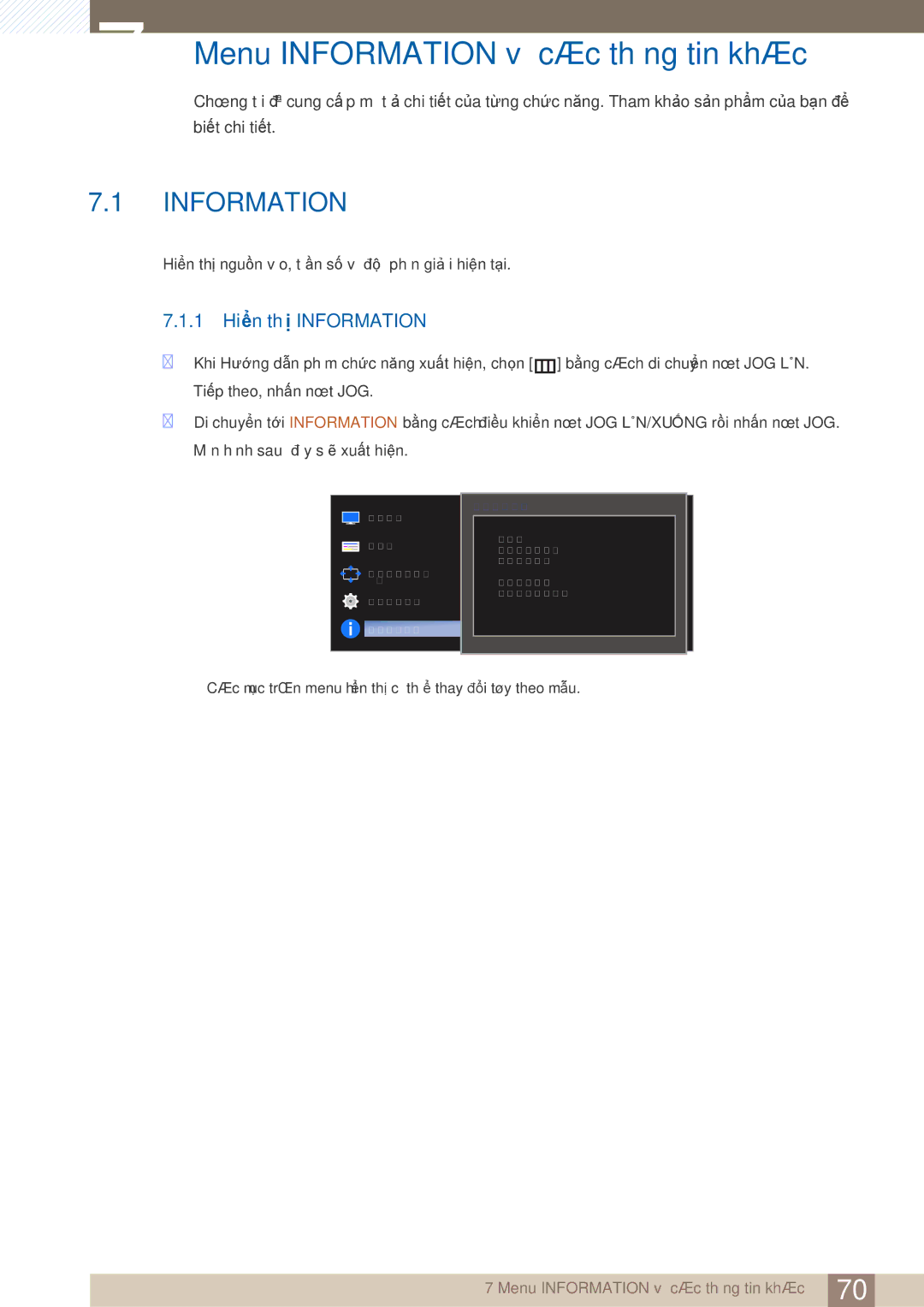 Samsung LS24E360HL/XV, LS24E390HL/XV, LS22E360HS/XV manual Menu Information và các thông tin khác, 1 Hiển thị Information 