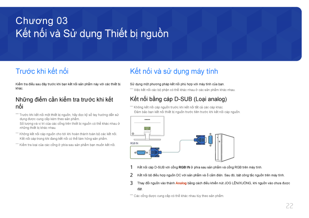 Samsung LS24E370DLJ/XV manual Kế́t nố́i và̀ Sử dụng Thiế́t bị nguồn, Trước khi kế́t nố́i, Kết nối và sư dung máy tính 