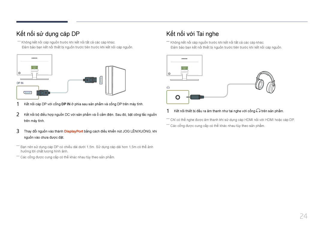 Samsung LS24E370DLJ/XV manual Kế́t nố́i sử dụng cá́p DP, Kế́t nố́i với Tai nghe, Nguôn vào chưa được đặt 