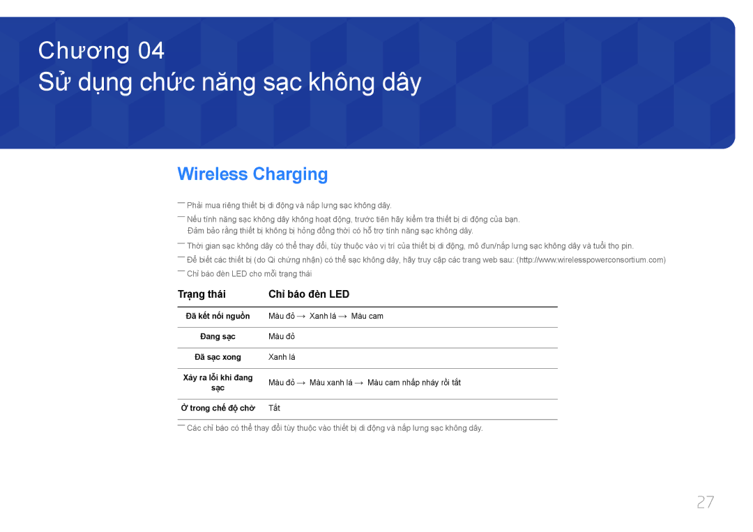 Samsung LS24E370DLJ/XV manual Sử dụng chứ́c năng sạ̣c không dây, Trạng thái Chỉ̉ báo đè̀n LED, Đã kế́t nối nguồ̀n 