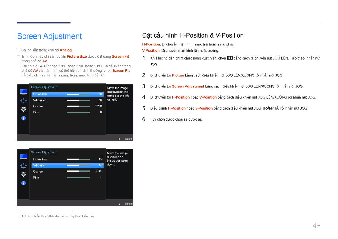 Samsung LS24E370DLJ/XV manual Screen Adjustment, Đặt cấu hình H-Position & V-Position 