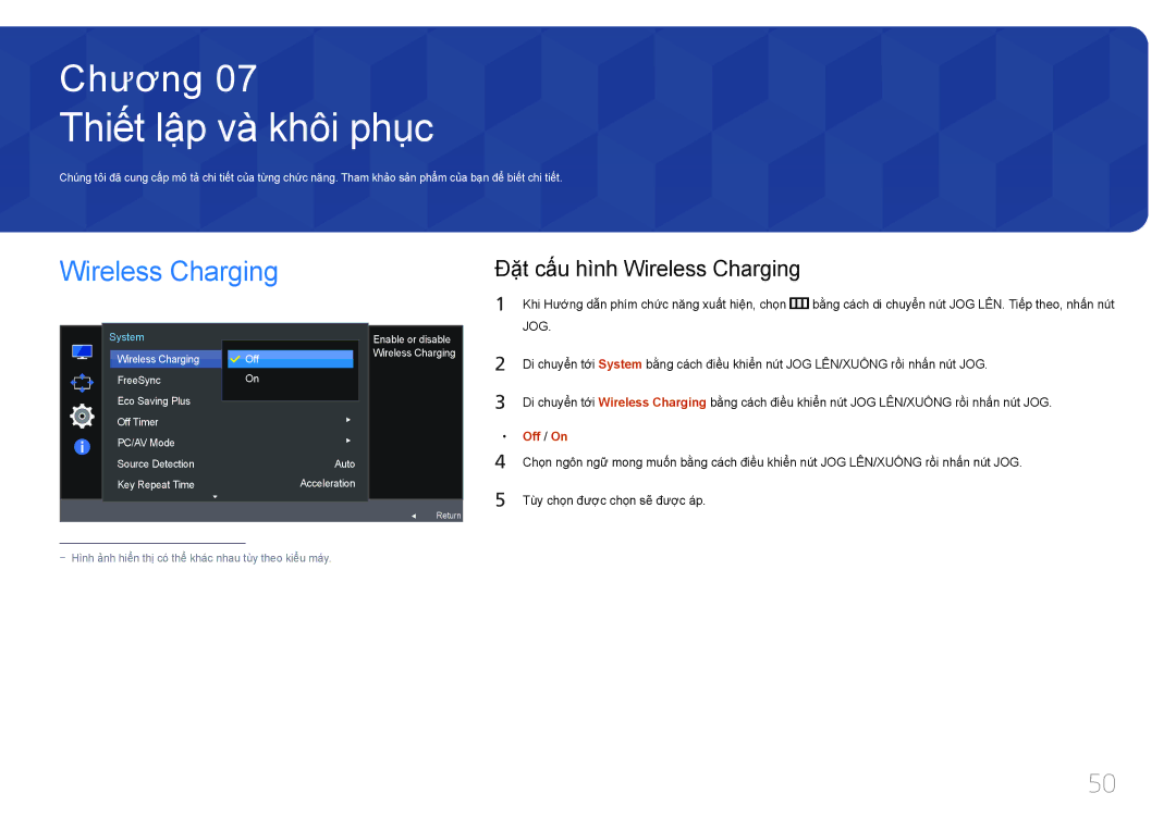 Samsung LS24E370DLJ/XV manual Thiết lập và khôi phuc, Đặ̣t cấ́u hì̀nh Wireless Charging 
